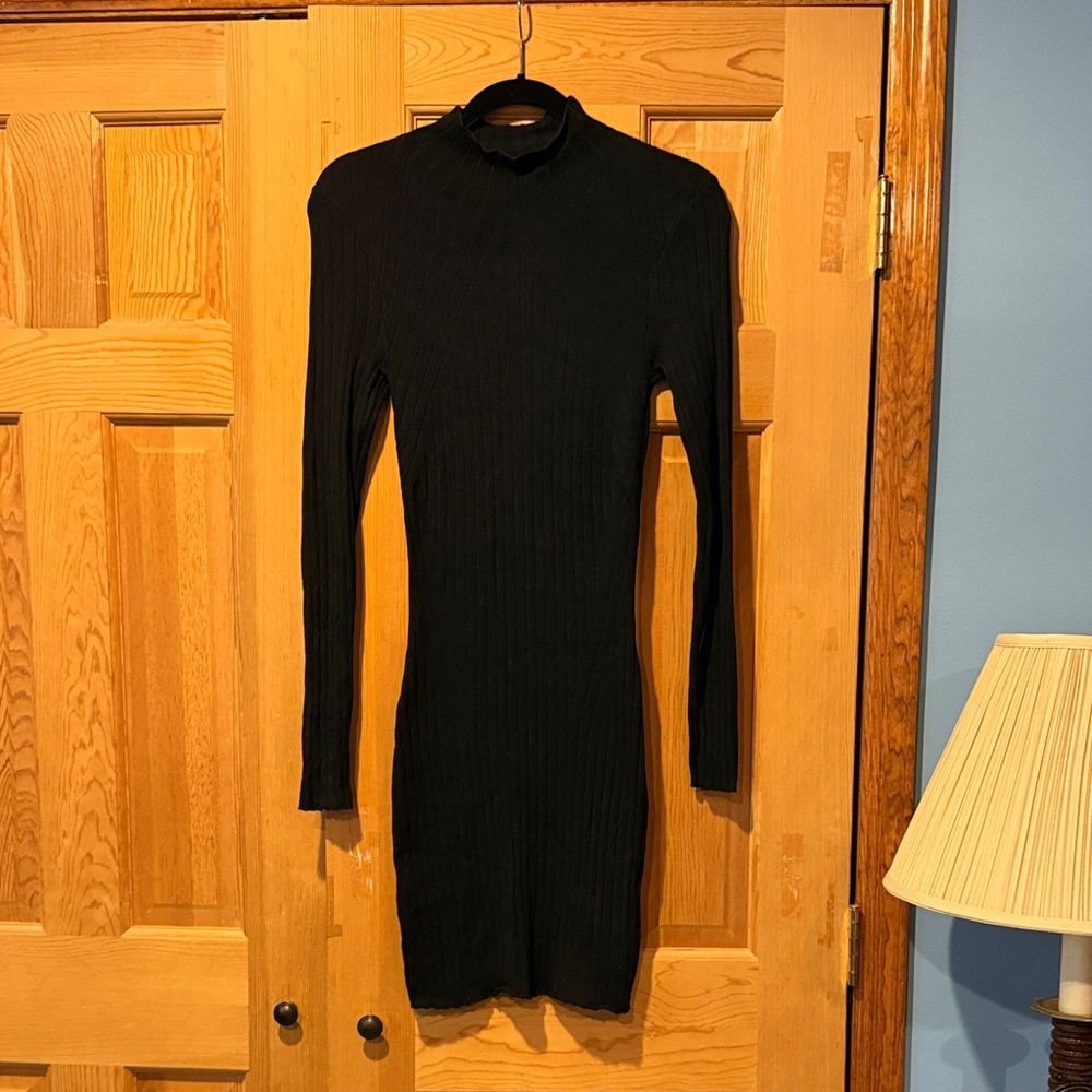 Mock Turtleneck Knit Black Long-Sleeve Dress